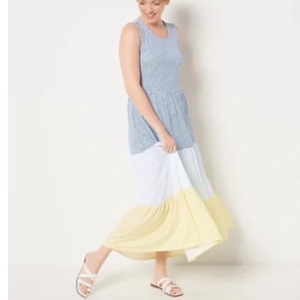 Lands'‎ End Womens Tiered Maxi Dress Sleeveless Colorblock Spot Print Beachy S